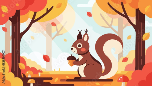 A cartoon squirrel holding an acorn in an autumn forest setting with colorful leaves.