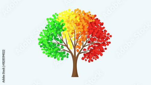 A stylized tree with leaves changing color from green to red, representing the four seasons.