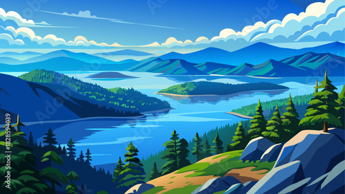 Very beautiful panoramic view of Lake Jocassee from a high overlook in a natural wilderness setting, featuring expansive blue water, rolling forested hills, and soft atmospheric depth without any iden