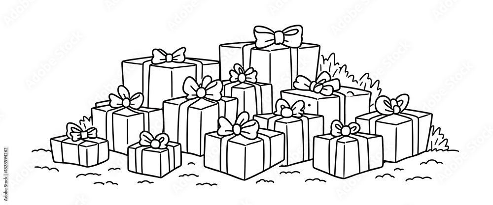 Obraz premium Outline drawing of a stack of gift boxes with bows, holiday celebration, isolated on white