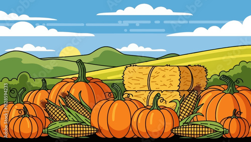 Autumn harvest scene with pumpkins, corn, and hay bales in a field.