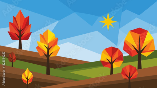 Geometric autumn landscape with colorful polygonal trees on rolling hills under a blue sky.
