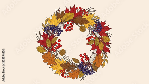 A decorative autumn wreath made of colorful fall leaves, branches, and berries on a plain background.