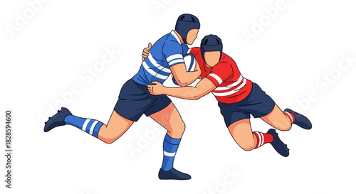 Two faceless rugby players in a tackle one in blue one in red