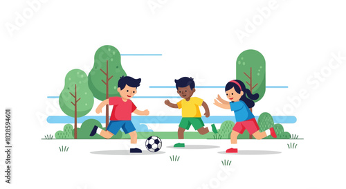 Three cartoon children playing soccer in a parklike setting with trees