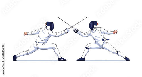 Two fencers face off swords crossed in white uniforms and masks