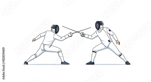 Two fencers face each other in white suits their swords crossed