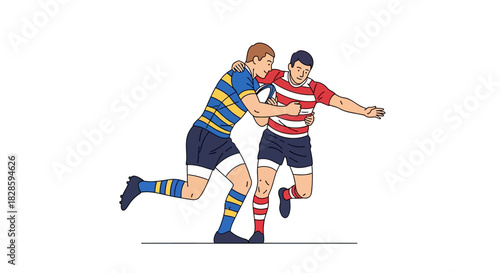 Two rugby players one in blueyellow and another in redwhite tackle each other on a line