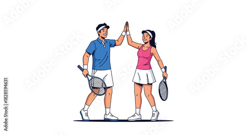 Two tennis players are shown giving each other a high five while holding rackets