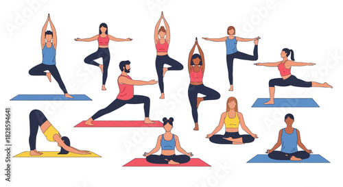 Various people perform different yoga poses on colored yoga mats