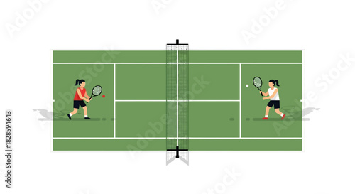 Two tennis players compete on a green court with a net dividing the field
