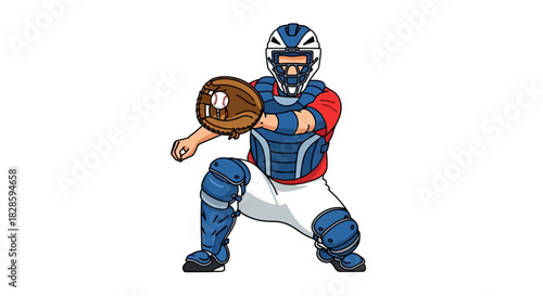 A baseball catcher in full gear crouched with a mitt ready to catch a pitch