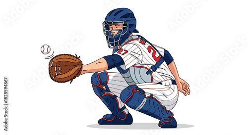 A baseball catcher is crouched mitt raised to catch a baseball wearing helmet and pads uniform with number 27