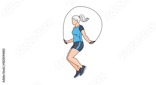 A blonde ponytailed woman in blue sportswear jumping rope