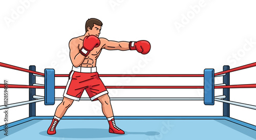 A cartoon boxer in a boxing ring punching with red gloves