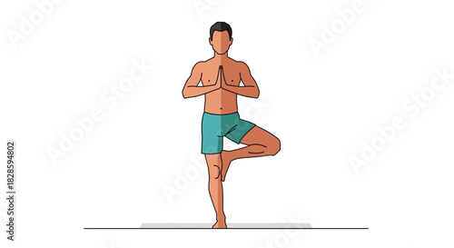 A man in a yoga pose hands in prayer position one leg balanced on a horizontal surface