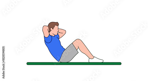 A man does situps on a green surface wearing blue top gray shorts white socks hands behind head