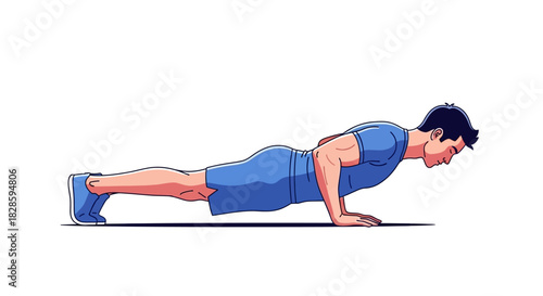 A man is performing a pushup exercise on a flat surface wearing blue clothing and shoes