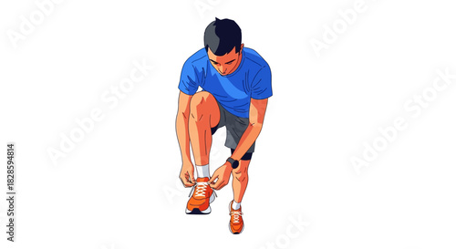 A man kneels tying the laces of an orange running shoe on a white background