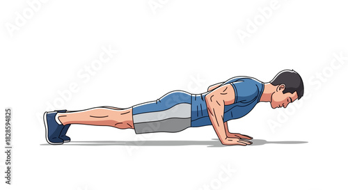 A man performing a pushup with blue athletic wear and dark hair on a white background