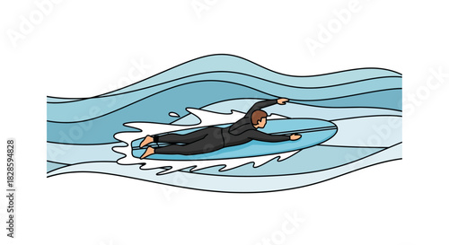 A person lies on a surfboard in waves clad in a dark suit
