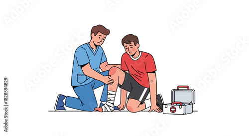 A medic tends to a seated injured athlete a first aid kit nearby