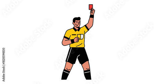A referee holds a red card above his head wearing a yellow shirt with black shorts