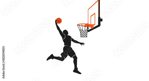 A silhouetted player leaps to dunk an orange basketball into a hoop and net