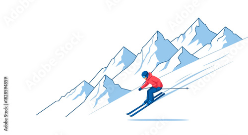 A skier in red descends a snowcovered mountain range under a clear sky