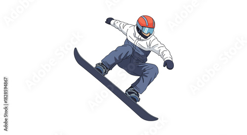 A snowboarder in action wearing a helmet and gloves