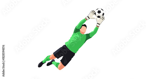 A soccer goalie in green dives reaching for a black and white soccer ball with gloved hands