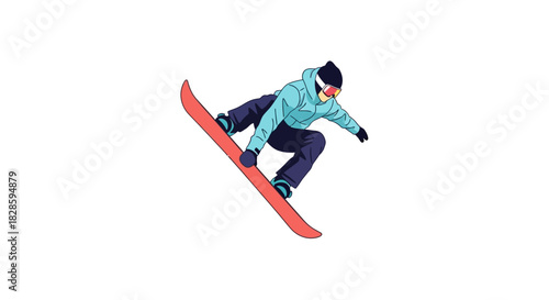 A snowboarder is airborne stylishly dressed in blue and black against a white background