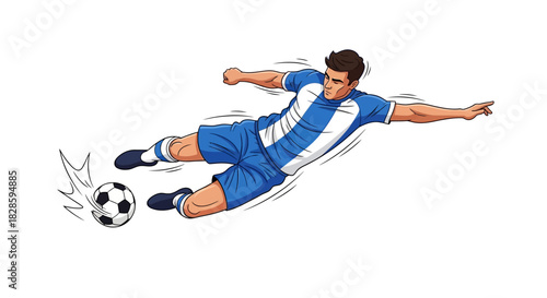 A soccer player in a blue and white uniform kicks a soccer ball