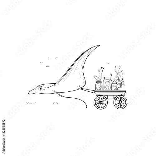 Pterodactyl Pulling Cart with Bottles and Flowers