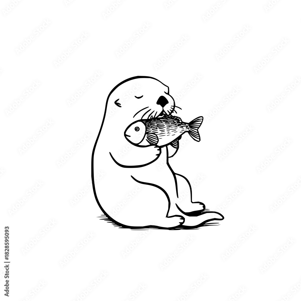 Obraz premium Illustration of cute otter with fish drawing vector art animal wildlife nature aquatic mammal sea river cartoon 100