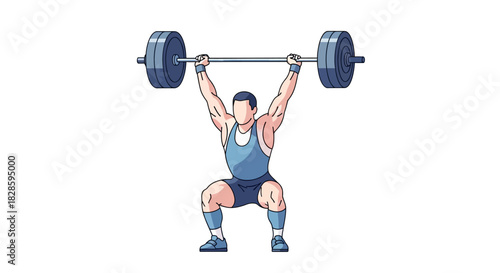An animated man in a lifting singlet doing an overhead squat with a barbell on a white background