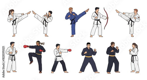 An array of ten people in martial arts poses wearing fighting attire