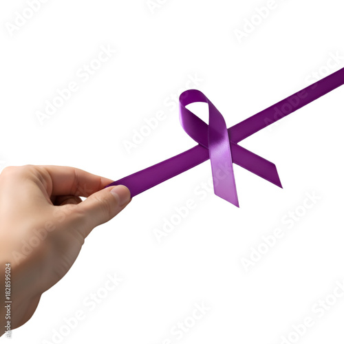 Hand holding a purple ribbon isolated on transparent background for awareness
