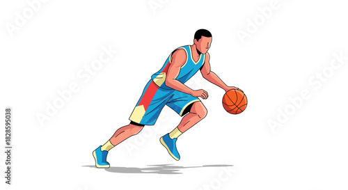An illustration shows a basketball player dribbling in motion with a defined style and shading