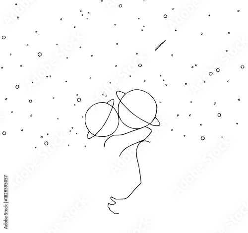 Whimsical cosmic embrace: two planets hugging beneath a star-filled sky, a sweet celestial love story originally crafted as scalable vector art