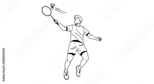 Badminton player leaps racket raised striking shuttlecock