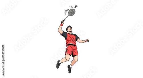 Badminton player midsmash racquet raised shuttlecock above leaping in red  black athletic gear
