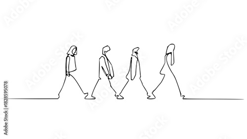 Iconic band members stroll in a continuous line drawing, perfect for music lovers and creative minds looking for minimalist art with a retro vibe