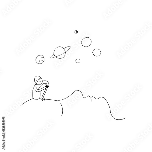 Dreamy line art of a person gazing at planets on a tranquil face landscape, perfect for expressing peace, wonder, and imagination, inspiring cosmic thoughts