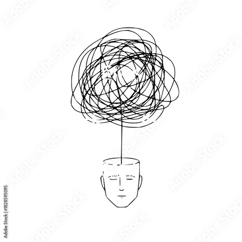 Tangled thoughts overwhelm a mind seeking clarity, perfect for mental health awareness and stress management resources, originally a scalable vector graphic