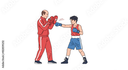 Boxer throws a punch at coach holding pads in red tracksuit