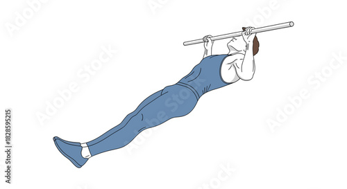 Cartoon figure in blue bodysuit performing a pullup on a silver bar