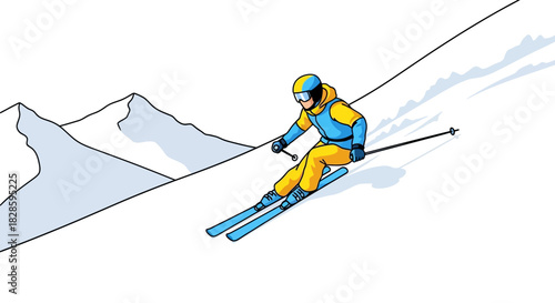 Cartoon skier in blue and yellow gear descends a snowy mountain slope leaving tracks behind