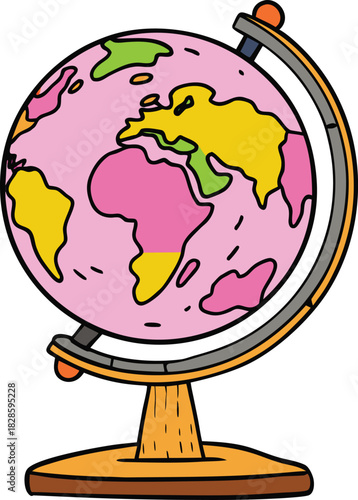 Abstract Pink Ocean Globe Illustration with Stylized Colored Continents, Unique Vector Graphic for Fantasy Geography or Design Concept