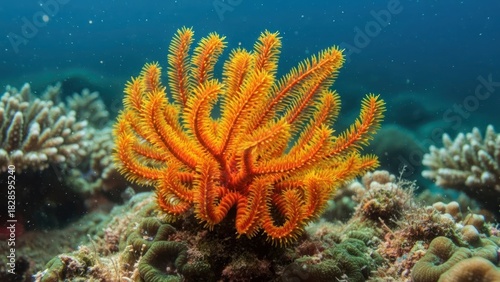 Fototapeta Naklejka Na Ścianę i Meble -  A vibrant orange feather starfish on a coral reef with a blue ocean background.